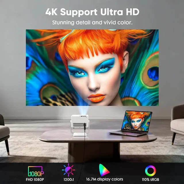 Alt view image 6 of 7 - Built-in Apps & Native 1080PSmart Mini Projector with WiFi and Bluetooth, 4K Outdoor Movie Projector with Electric Focus & Auto Keystone, YINCODI Portable Proyector for Bedroom/Home/Celling