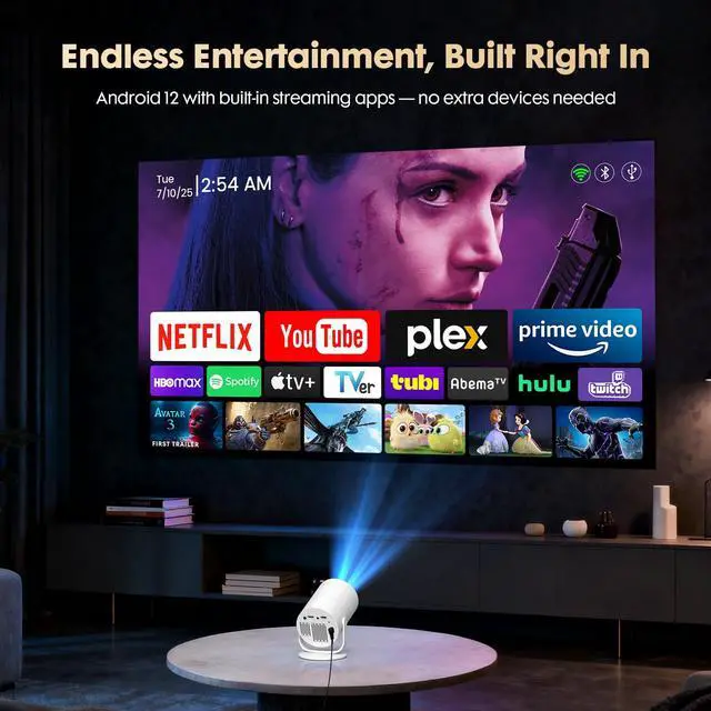 Alt view image 2 of 7 - Mini Projector with Android 12 & Built-in Apps, Electric Focus Portable Movie Projector, 1080P Support, WiFi & Bluetooth, 180° Rotatable, Compatible with Smartphone, HDMI & USB