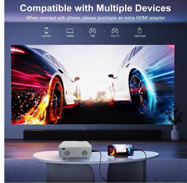 Alt view image 6 of 7 - Mini Bluetooth Projector(Phone HDMI Cable Included), Portable Outdoor Projector, Native 1080P Projector, Compatible 4K, Supports Android/iPhone/TV Stick/Laptop/PS5/HDMI/USB, Indoor and outdoor use