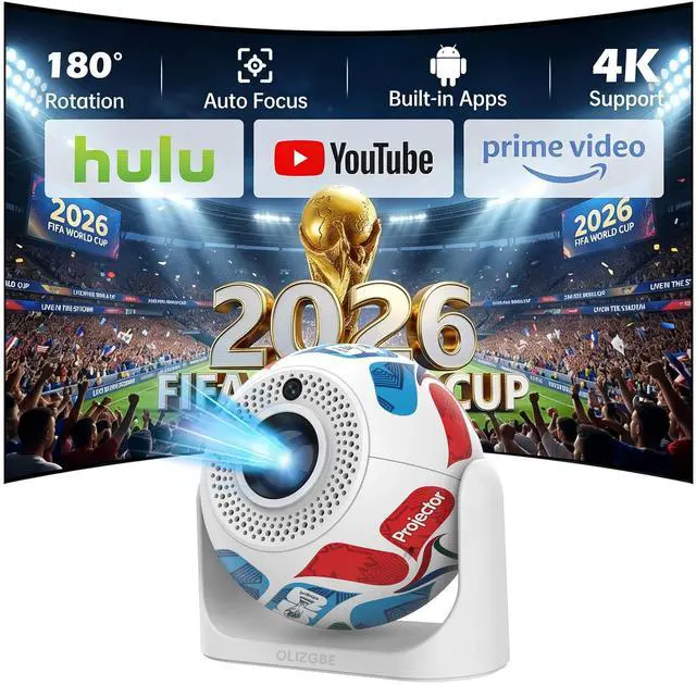 Main image of Mini Projector with WiFi and Bluetooth, Support 4K Portable Projector, 180° Rotatable with Built-in Apps, Auto Vertical Keystone & Electric Focus, 200 ANSI Lumens, Smart Proyector for Bedroom Home