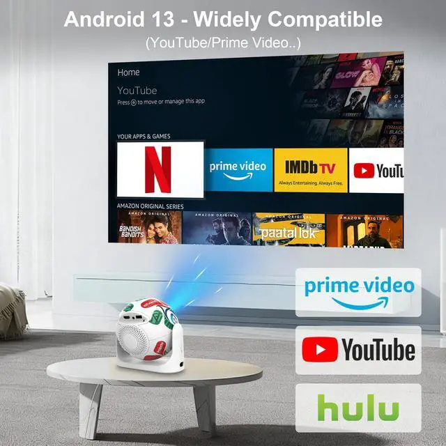 Alt view image 2 of 7 - Mini Projector with WiFi and Bluetooth, Support 4K Portable Projector, 180° Rotatable with Built-in Apps, Auto Vertical Keystone & Electric Focus, 200 ANSI Lumens, Smart Proyector for Bedroom Home