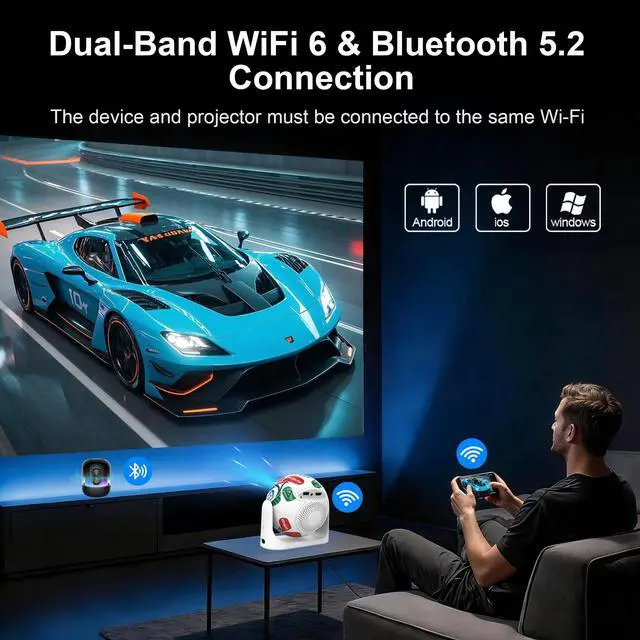 Alt view image 5 of 7 - Mini Projector with WiFi and Bluetooth, Support 4K Portable Projector, 180° Rotatable with Built-in Apps, Auto Vertical Keystone & Electric Focus, 200 ANSI Lumens, Smart Proyector for Bedroom Home