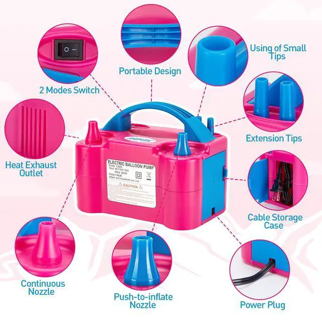 Alt view image 2 of 7 - Electric Air Balloon Pump, 110V 600W Rose Red Portable Dual Nozzle Inflator/Blower for Party Decoration