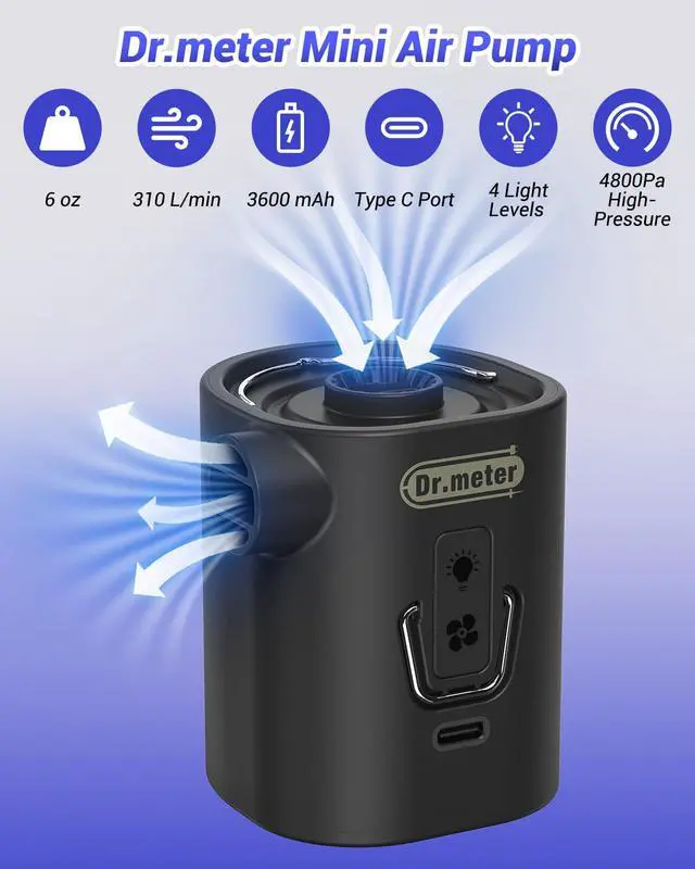 Alt view image 2 of 7 - Air Pump for Inflatables, 3600mAh Rechargeable Air Mattress Pump with Camping Light 4.8kPa Fast Inflate Deflate Portable Mini Air Pump for Sleeping Pad, Swimming Ring, Pool Float, Vacuum Bags