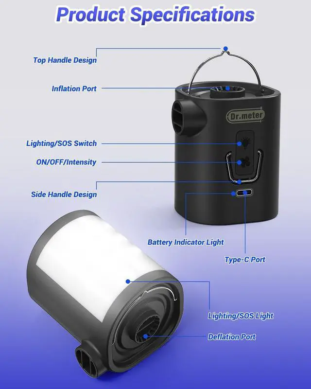 Alt view image 7 of 7 - Air Pump for Inflatables, 3600mAh Rechargeable Air Mattress Pump with Camping Light 4.8kPa Fast Inflate Deflate Portable Mini Air Pump for Sleeping Pad, Swimming Ring, Pool Float, Vacuum Bags