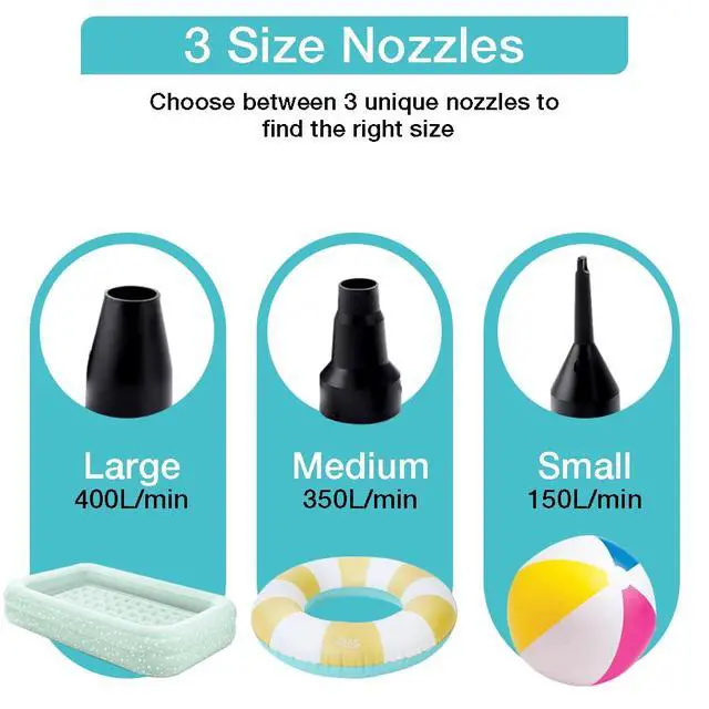 Alt view image 2 of 7 - Electric Air Pump,Portable Quick-Fill Air Pump, Air Mattress Pump with 3 Nozzles for Inflatable Boat, Air Mattress Beds,Swimming Ring.Compatible with Home and car Adapter by Inscool (110V AC/12V DC)