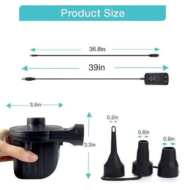 Alt view image 3 of 7 - Electric Air Pump,Portable Quick-Fill Air Pump, Air Mattress Pump with 3 Nozzles for Inflatable Boat, Air Mattress Beds,Swimming Ring.Compatible with Home and car Adapter by Inscool (110V AC/12V DC)