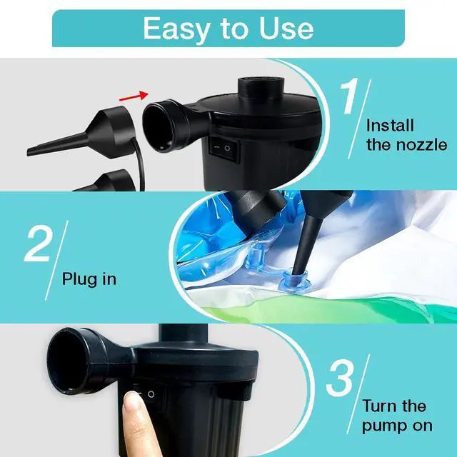 Alt view image 6 of 7 - Electric Air Pump,Portable Quick-Fill Air Pump, Air Mattress Pump with 3 Nozzles for Inflatable Boat, Air Mattress Beds,Swimming Ring.Compatible with Home and car Adapter by Inscool (110V AC/12V DC)