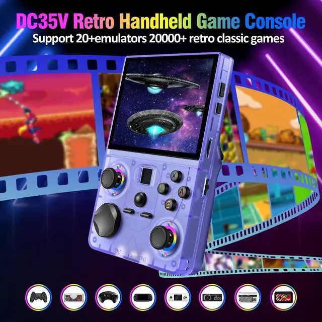 Alt view image 2 of 7 - Retro Handheld Game Console, DC35V Retro Gaming Console 3.5IPS Screen Open Source Linux System Built-In 20000+Classic Games, 20+Emulators, Portable Video Gaming Console with 4000mAh Battery (Purple)