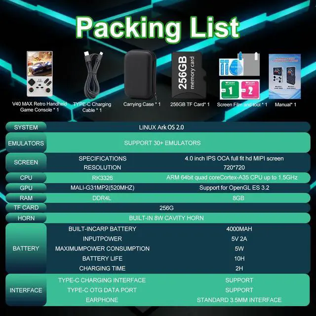 Alt view image 7 of 7 - 2025 New Upgraded V40 Max Handheld Game Console, 40000 Games 4 inch IPS Screen Retro Gaming Console, 256G 4000mAh Portable Mini Pocket Handheld Emulator Gift for Adults