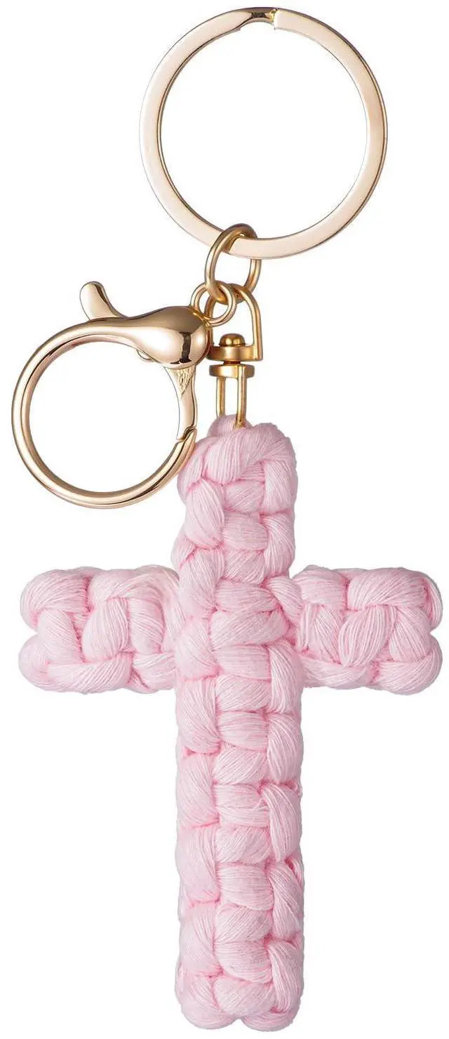 Main image of Macrame Cross Keychain,Jesus Key Chain Christian Car Accessories Handmade Soft Cross Keychain Charm Cute Baptism Faith Inspired Boho Decor for Women Men Religious Gifts(Pink)