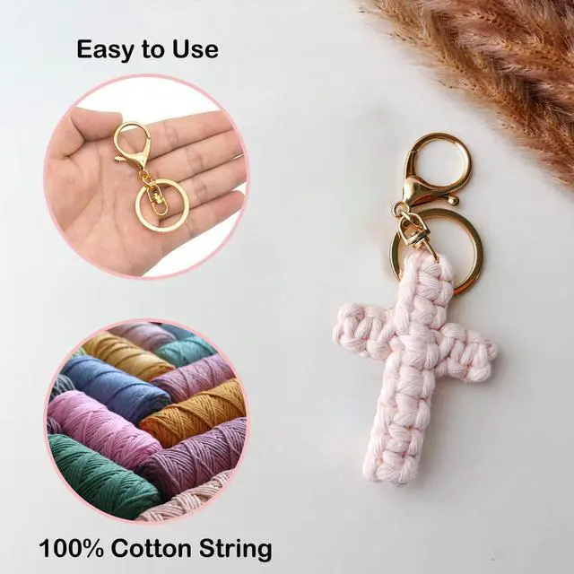 Alt view image 2 of 6 - Macrame Cross Keychain,Jesus Key Chain Christian Car Accessories Handmade Soft Cross Keychain Charm Cute Baptism Faith Inspired Boho Decor for Women Men Religious Gifts(Pink)