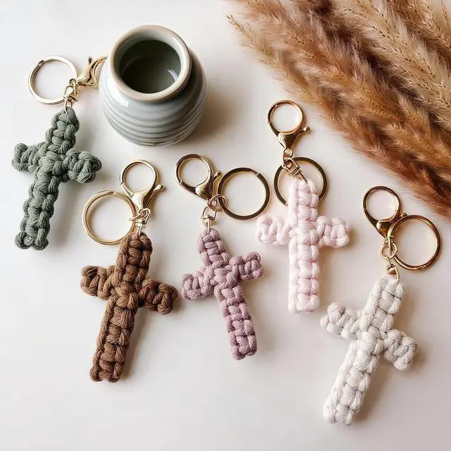 Alt view image 3 of 6 - Macrame Cross Keychain,Jesus Key Chain Christian Car Accessories Handmade Soft Cross Keychain Charm Cute Baptism Faith Inspired Boho Decor for Women Men Religious Gifts(Pink)