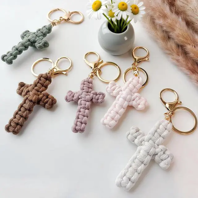 Alt view image 4 of 6 - Macrame Cross Keychain,Jesus Key Chain Christian Car Accessories Handmade Soft Cross Keychain Charm Cute Baptism Faith Inspired Boho Decor for Women Men Religious Gifts(Pink)