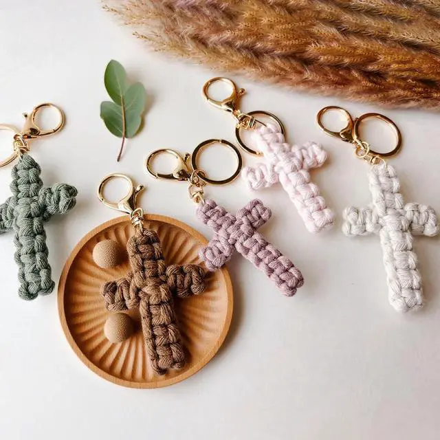 Alt view image 5 of 6 - Macrame Cross Keychain,Jesus Key Chain Christian Car Accessories Handmade Soft Cross Keychain Charm Cute Baptism Faith Inspired Boho Decor for Women Men Religious Gifts(Pink)