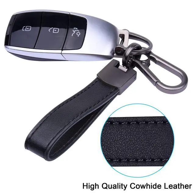 Alt view image 2 of 7 - Genuine Leather Car Keychain, Universal Key Fob Keychain Leather Key Chain Holder for Men and Women, 360 Degree Rotatable, with Anti-lost D-ring, 3 Keyrings - Black (Carabiner Clip)