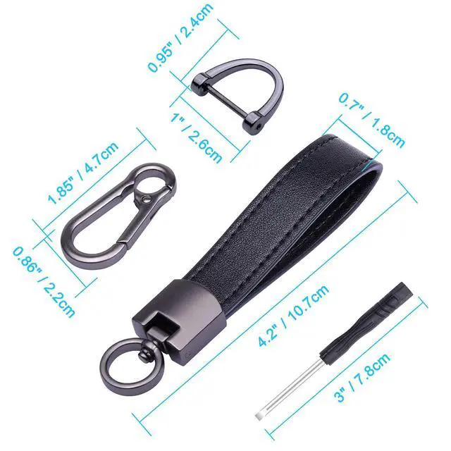 Alt view image 6 of 7 - Genuine Leather Car Keychain, Universal Key Fob Keychain Leather Key Chain Holder for Men and Women, 360 Degree Rotatable, with Anti-lost D-ring, 3 Keyrings - Black (Carabiner Clip)