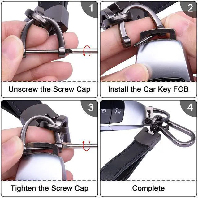 Alt view image 7 of 7 - Genuine Leather Car Keychain, Universal Key Fob Keychain Leather Key Chain Holder for Men and Women, 360 Degree Rotatable, with Anti-lost D-ring, 3 Keyrings - Black (Carabiner Clip)