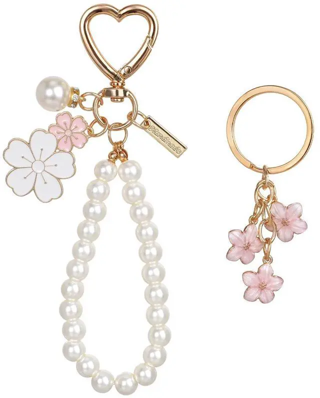 Main image of 2 Pcs Cute Pearl Keychains for Women, Flower Keychain Kit Imitation Pearl Chain Key Chain Golden Car Key Chain Flower Keychain Charm for Girls Purse Bag Accessories