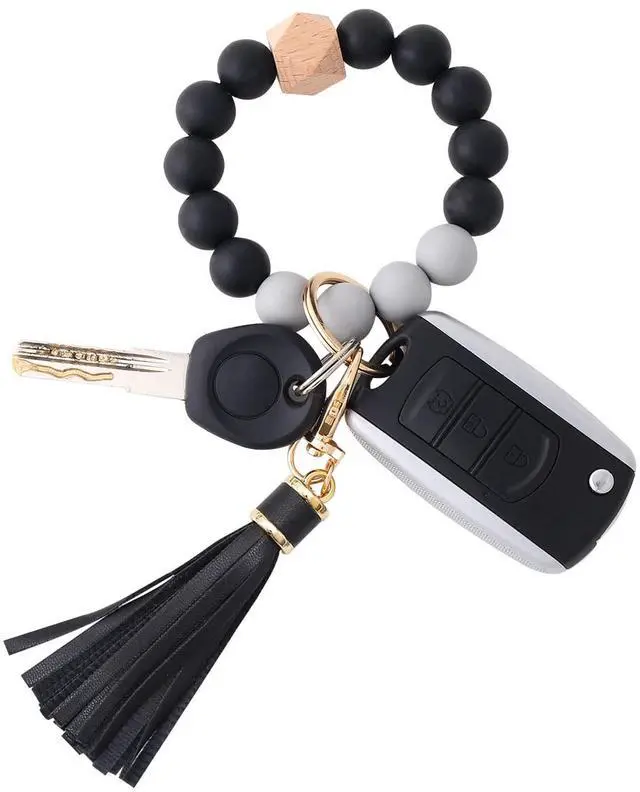 Main image of Women Silicone Keychain Bracelet Beaded Wristlet Key Ring Black Bangle Chains with Leather Tassel