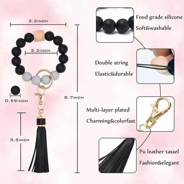 Alt view image 2 of 6 - Women Silicone Keychain Bracelet Beaded Wristlet Key Ring Black Bangle Chains with Leather Tassel