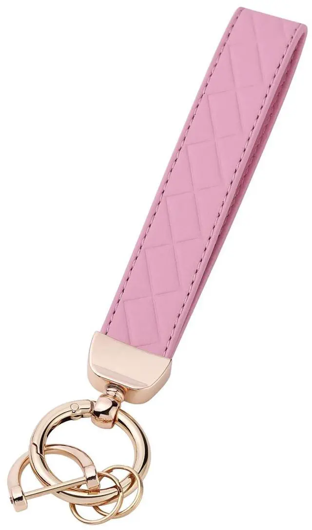 Main image of Leather Wristlet Keychain for Women, Keychain Wristlet Car Key Chain with 2 Key Ring and Anti-Lost D Ring (Pink)