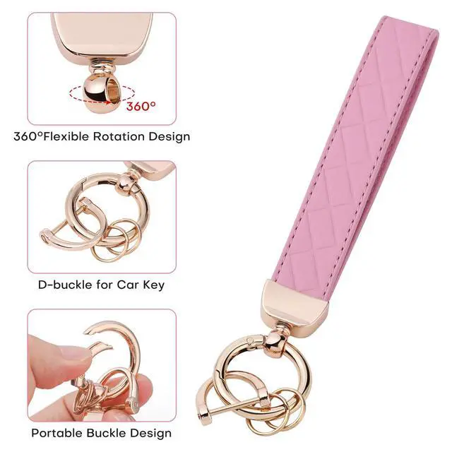 Alt view image 4 of 6 - Leather Wristlet Keychain for Women, Keychain Wristlet Car Key Chain with 2 Key Ring and Anti-Lost D Ring (Pink)