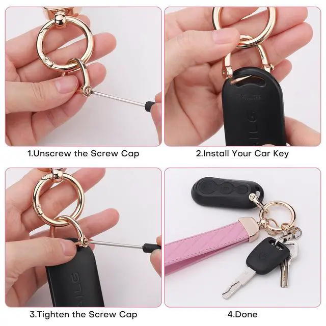 Alt view image 5 of 6 - Leather Wristlet Keychain for Women, Keychain Wristlet Car Key Chain with 2 Key Ring and Anti-Lost D Ring (Pink)