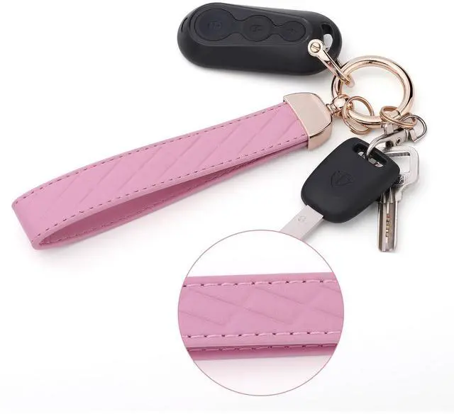 Alt view image 6 of 6 - Leather Wristlet Keychain for Women, Keychain Wristlet Car Key Chain with 2 Key Ring and Anti-Lost D Ring (Pink)