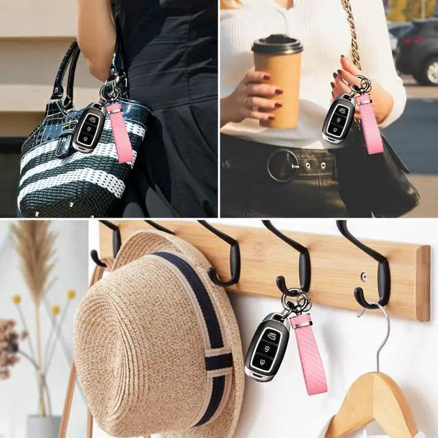 Alt view image 5 of 6 - Carbon Fiber Car Keychain,Automotive Interior Accessories Keychains Leather Car Key Fob,Car Accessories Key Ring&Anti-Lost D-Ring(light pink)