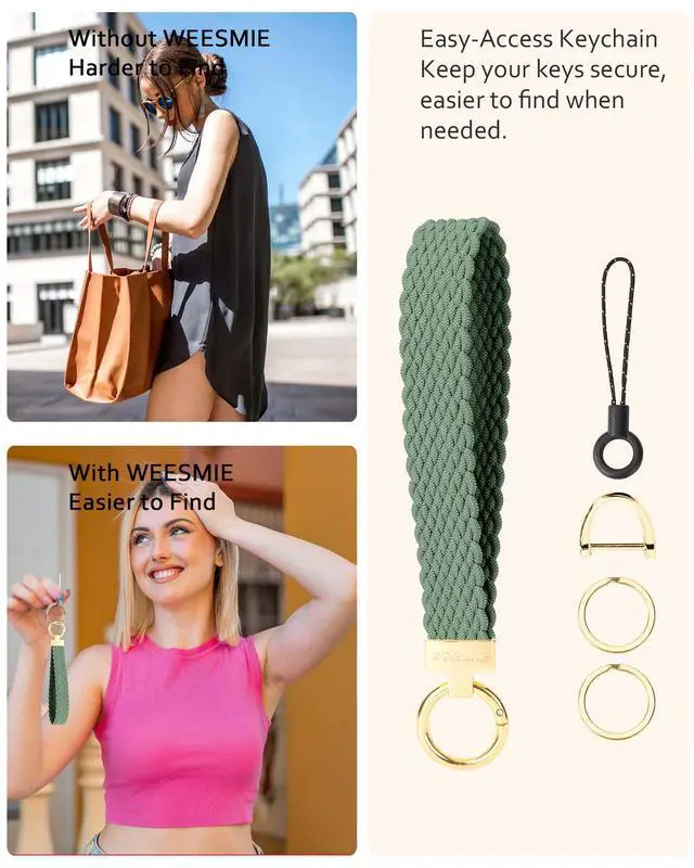 Alt view image 2 of 7 - Keychain Wristlet, Stretchy Key Chain for Car Keys with 2 Keyrings and D ring, Cute Wrist Lanyard for Women Men (Pine Green)