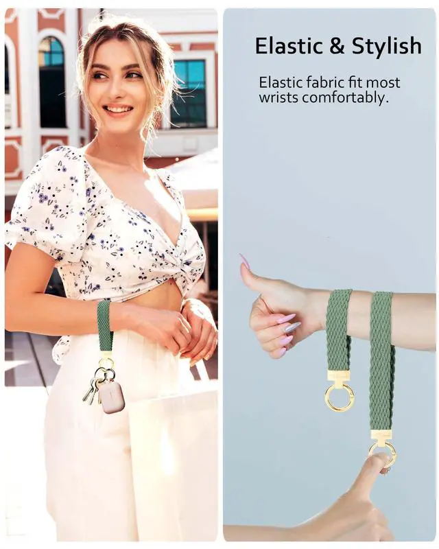 Alt view image 3 of 7 - Keychain Wristlet, Stretchy Key Chain for Car Keys with 2 Keyrings and D ring, Cute Wrist Lanyard for Women Men (Pine Green)