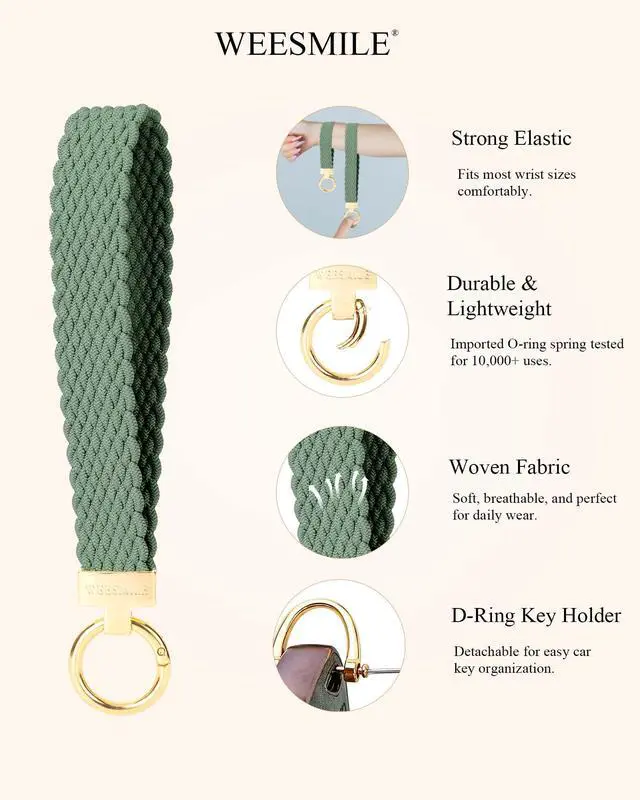 Alt view image 4 of 7 - Keychain Wristlet, Stretchy Key Chain for Car Keys with 2 Keyrings and D ring, Cute Wrist Lanyard for Women Men (Pine Green)