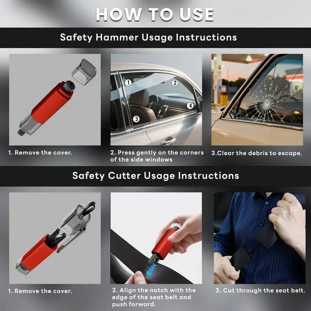 Alt view image 7 of 7 - 4PCS Window Breaker Seatbelt Cutter Car Safety Hammer, 2-in-1 Glass Breaker and Seat Belt Cutter with Test Glass, Underwater Emergency Escape Tool for All Vehicles (Red & Grey)