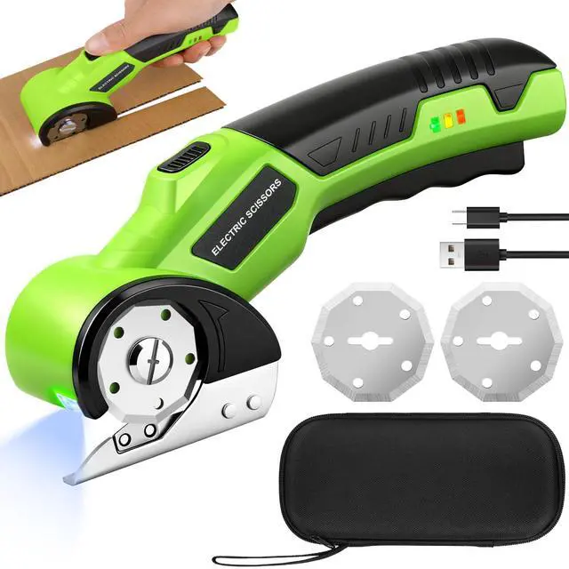 Main image of Cordless Electric Scissors, 4V Rechargeable Rotary Cardboard Cutter with 2 Blades Safety Lock & LED Light, USB Cable for Plastic, Box, Carpet, Leather, DIY Crafts