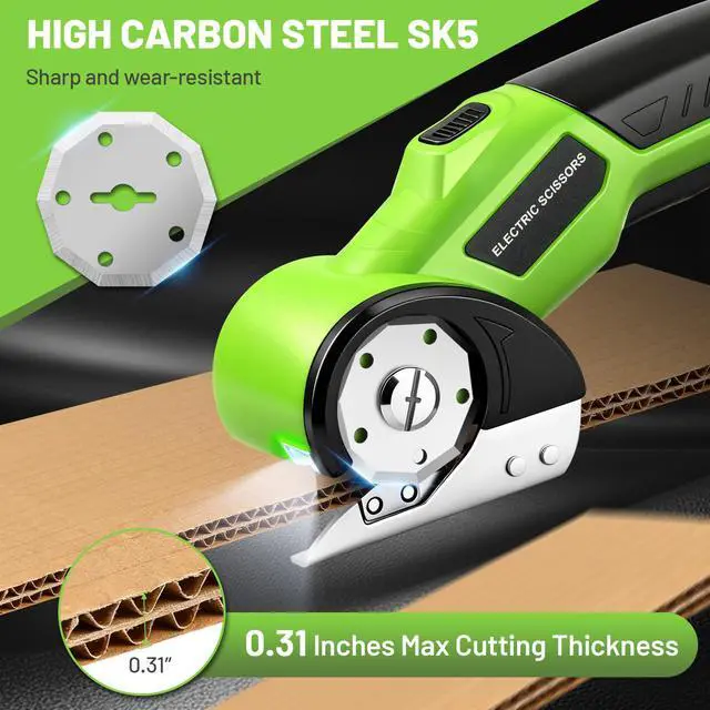 Alt view image 2 of 7 - Cordless Electric Scissors, 4V Rechargeable Rotary Cardboard Cutter with 2 Blades Safety Lock & LED Light, USB Cable for Plastic, Box, Carpet, Leather, DIY Crafts