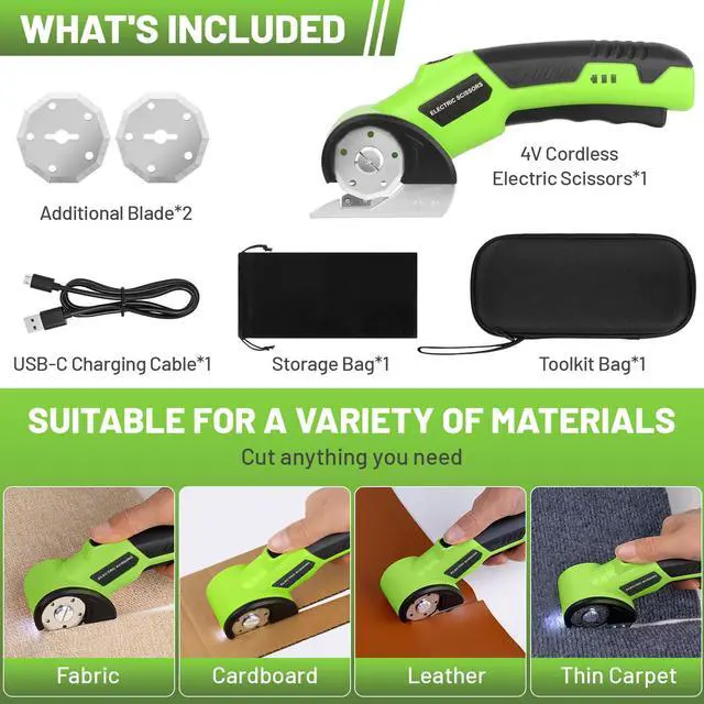 Alt view image 6 of 7 - Cordless Electric Scissors, 4V Rechargeable Rotary Cardboard Cutter with 2 Blades Safety Lock & LED Light, USB Cable for Plastic, Box, Carpet, Leather, DIY Crafts