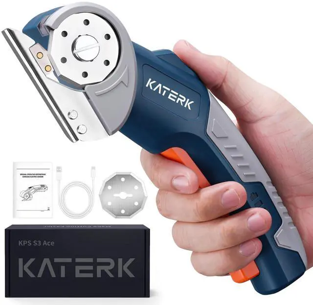 Main image of Electric Box Cutter, Katerk Cordless Electric Scissors with Safety Lock & LED Light, Cardboard Cutter, Ambidextrous Use, Rotary Cutter for Fabric, Leather, Plastic, Crafting