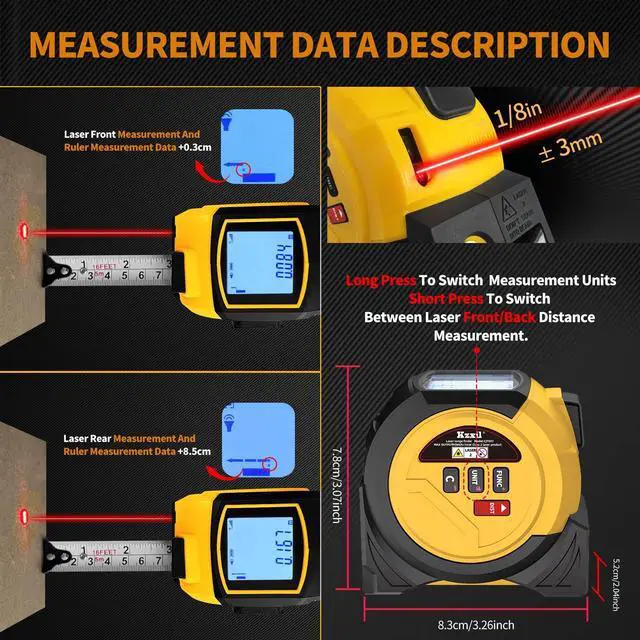 Alt view image 3 of 7 - Laser Tape Measure 3 in 1 Laser Rangefinder Tape Measure 135ft Laser Measuring Tape & 16ft Tape Measure for Pythagorean, Area, Volum, Multi-Unit Conversion (Ft/Ft+in/in)