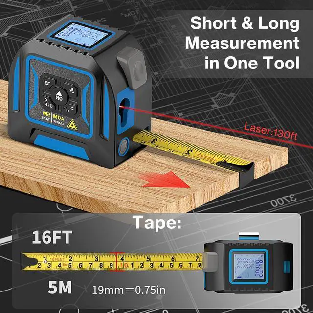 Alt view image 3 of 7 - 2-in-1 Laser Tape Measure, Lytool 130Ft/40m Laser Measurement Tool, 16Ft/5m Measuring Tape, Digital Laser Tape Measure with M/in/Ft/Ft+in Units, LCD Display, Self-Locking Tape, Belt Clip