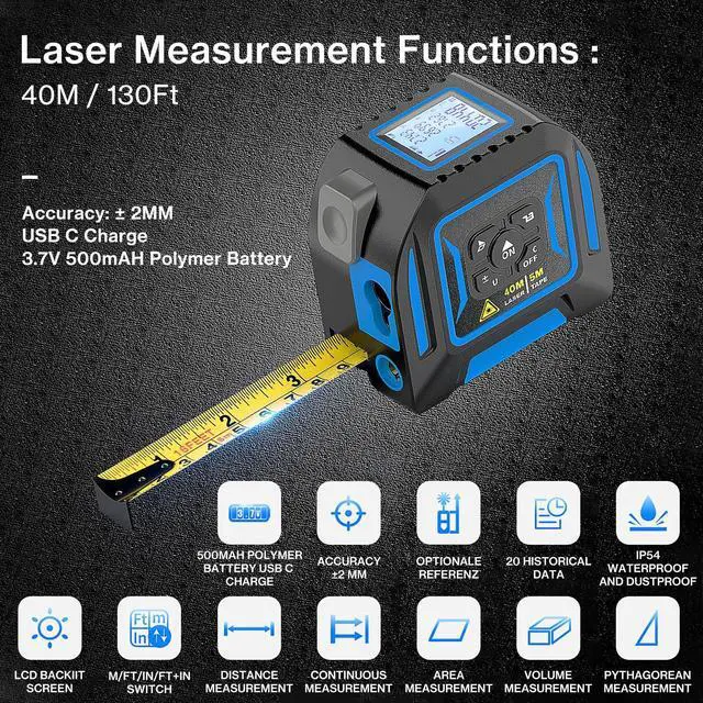 Alt view image 5 of 7 - 2-in-1 Laser Tape Measure, Lytool 130Ft/40m Laser Measurement Tool, 16Ft/5m Measuring Tape, Digital Laser Tape Measure with M/in/Ft/Ft+in Units, LCD Display, Self-Locking Tape, Belt Clip