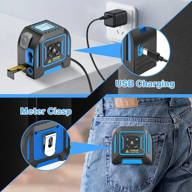 Alt view image 6 of 7 - 2-in-1 Laser Tape Measure, Lytool 130Ft/40m Laser Measurement Tool, 16Ft/5m Measuring Tape, Digital Laser Tape Measure with M/in/Ft/Ft+in Units, LCD Display, Self-Locking Tape, Belt Clip