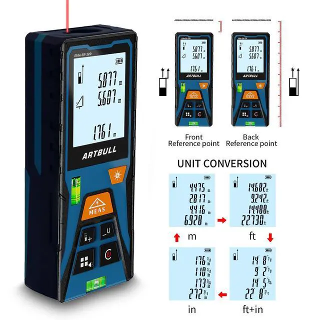 Alt view image 4 of 7 - Laser Distance Meter 393ft Digital Laser Measuring Tool with LCD Backlit Display, Area Volume Pythagorean, ±2mm Accuracy, Class II, Electronic Tape Measure for DIY Construction AAA Battery Powered