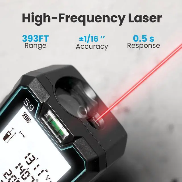 Alt view image 3 of 7 - Laser Measure, 393ft/120m Laser Measurement Tool, Laser Measuring Tool with 2 Bubble Levels, LCD Backlit Display, IP54 Waterproof, Pythagorean Mode for Distance, Area, Volume