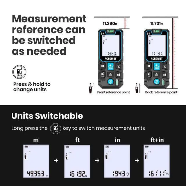 Alt view image 4 of 7 - Laser Measure, 393ft/120m Laser Measurement Tool, Laser Measuring Tool with 2 Bubble Levels, LCD Backlit Display, IP54 Waterproof, Pythagorean Mode for Distance, Area, Volume