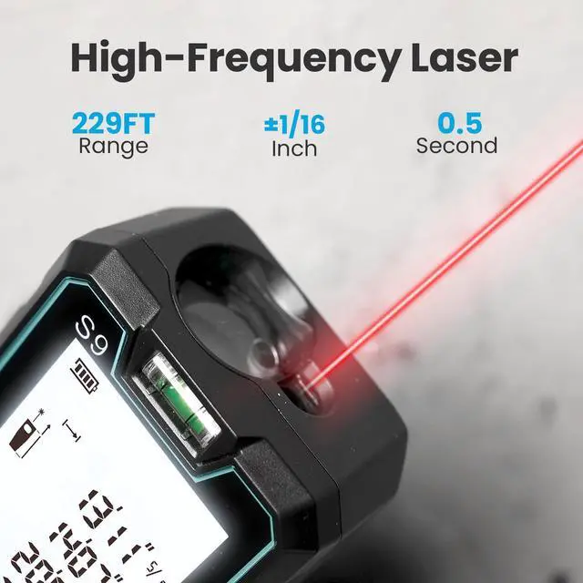 Alt view image 2 of 7 - Laser Measure, 229ft/70m Laser Measurement Tool, S9 Room Laser Measuring Tool with 2 Bubble Levels, LCD Backlit Display, IP54 Waterproof, Pythagorean Mode for Distance, Area, Volume