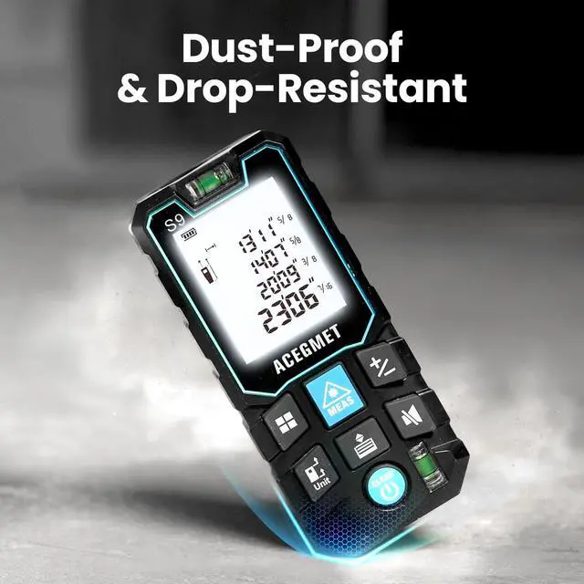 Alt view image 6 of 7 - Laser Measure, 229ft/70m Laser Measurement Tool, S9 Room Laser Measuring Tool with 2 Bubble Levels, LCD Backlit Display, IP54 Waterproof, Pythagorean Mode for Distance, Area, Volume