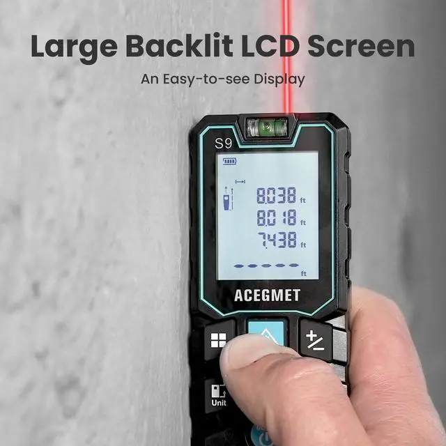 Alt view image 7 of 7 - Laser Measure, 229ft/70m Laser Measurement Tool, S9 Room Laser Measuring Tool with 2 Bubble Levels, LCD Backlit Display, IP54 Waterproof, Pythagorean Mode for Distance, Area, Volume
