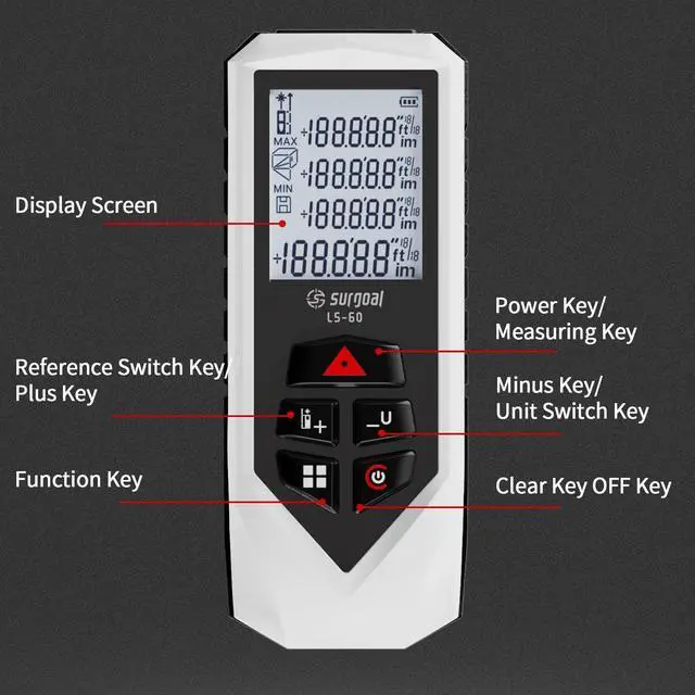 Alt view image 2 of 6 - Laser Distance Meter 196ft Digital Laser Measuring Tool with LCD Backlit Display, Pythagorean Mode, Area & Volume Calculation, ±2mm Accuracy, Class II, Electronic Tape Measure for DIY and Construction