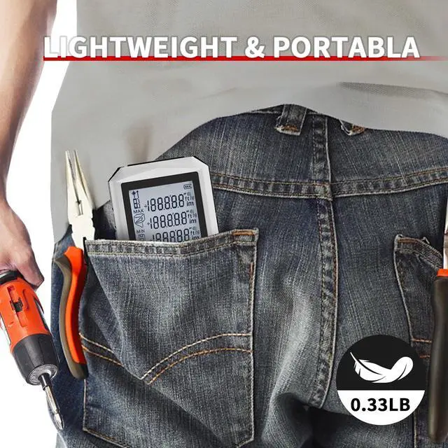 Alt view image 6 of 6 - Laser Distance Meter 196ft Digital Laser Measuring Tool with LCD Backlit Display, Pythagorean Mode, Area & Volume Calculation, ±2mm Accuracy, Class II, Electronic Tape Measure for DIY and Construction